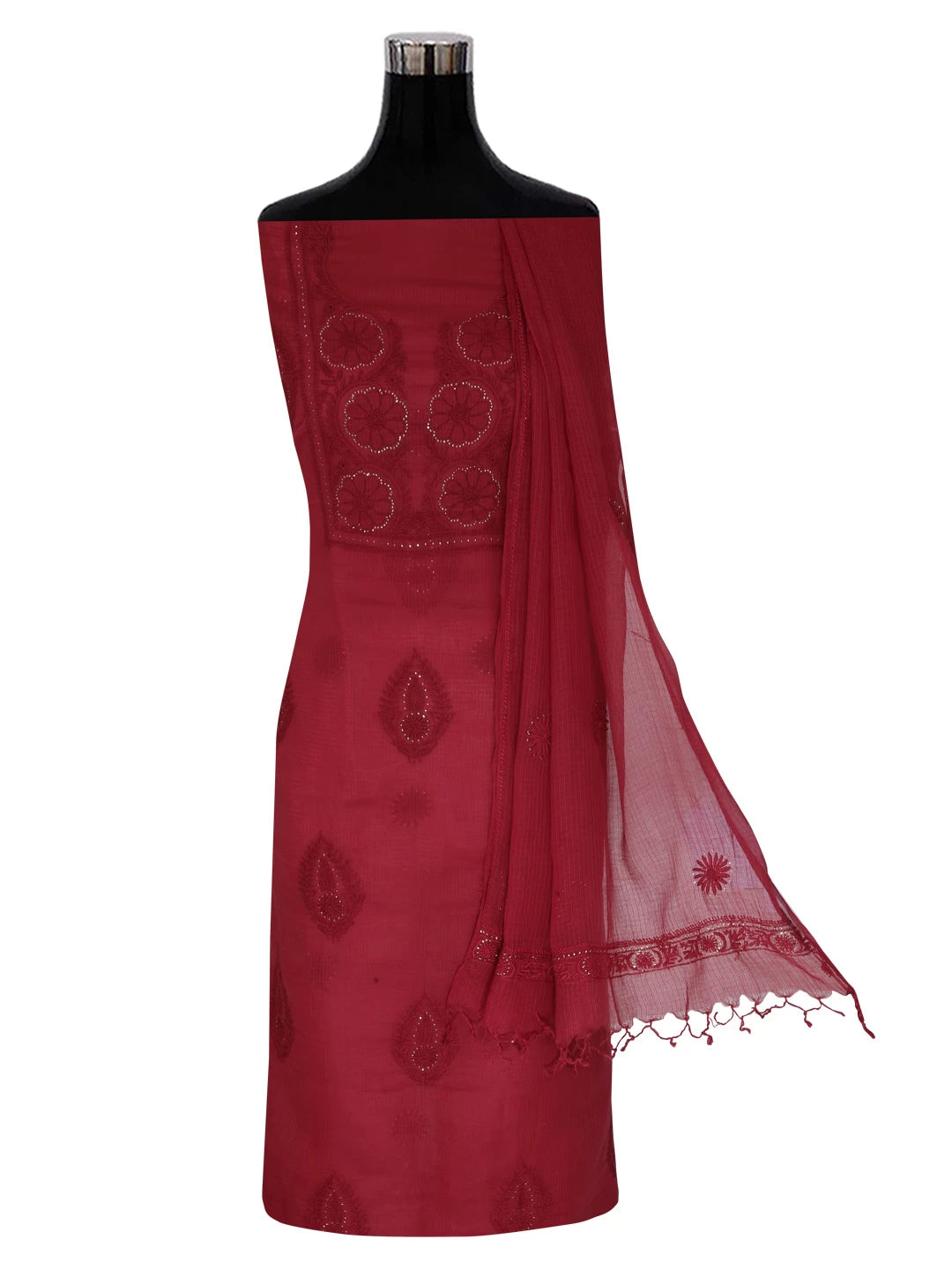 Ada Hand Embroidered Maroon Kota Lucknowi Chikankari Unstitched Kurta Dupatta Set With Muqaish Work 01A395933