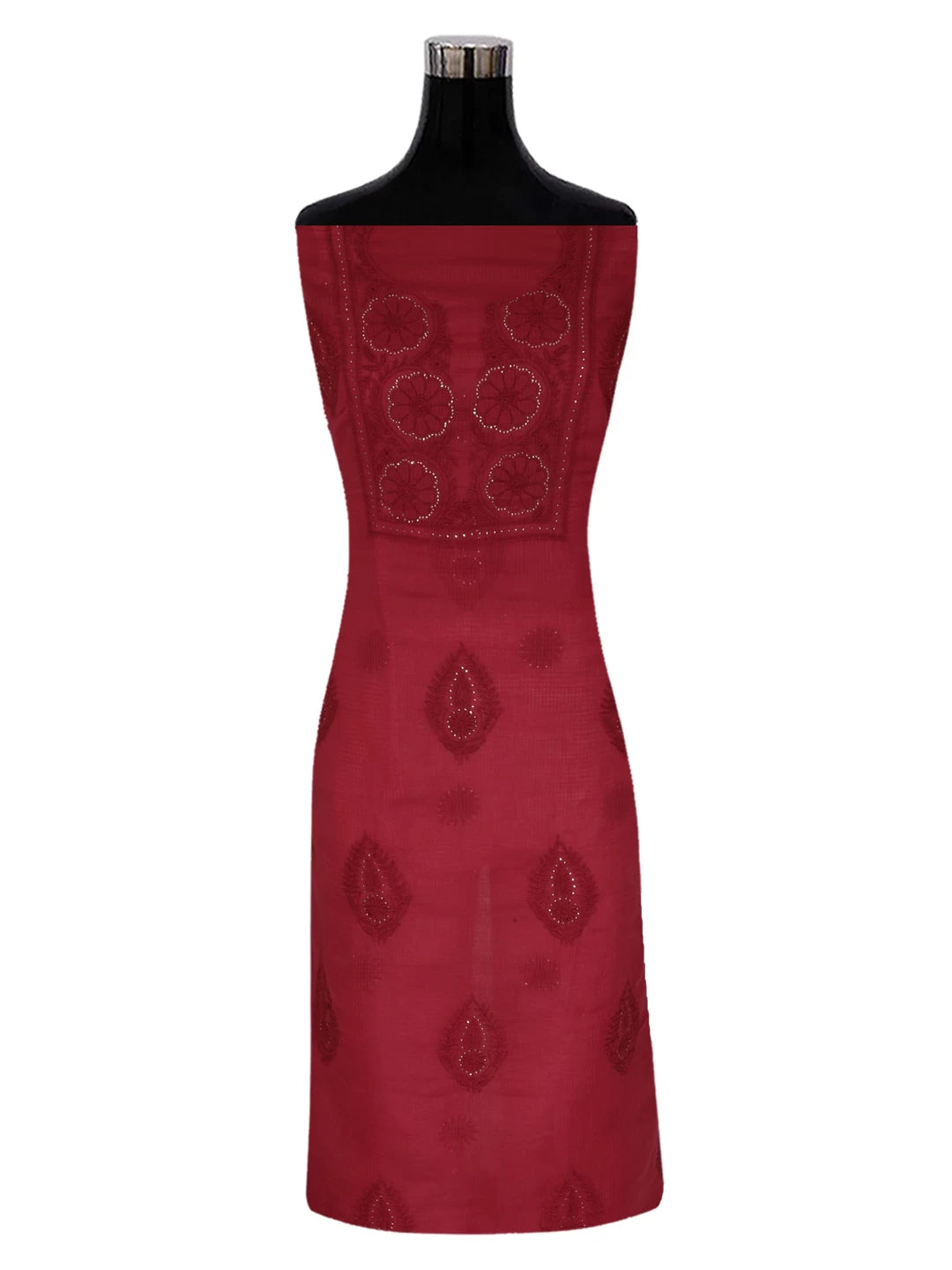 Ada Hand Embroidered Maroon Kota Lucknowi Chikankari Unstitched Kurta Dupatta Set With Muqaish Work 01A395933