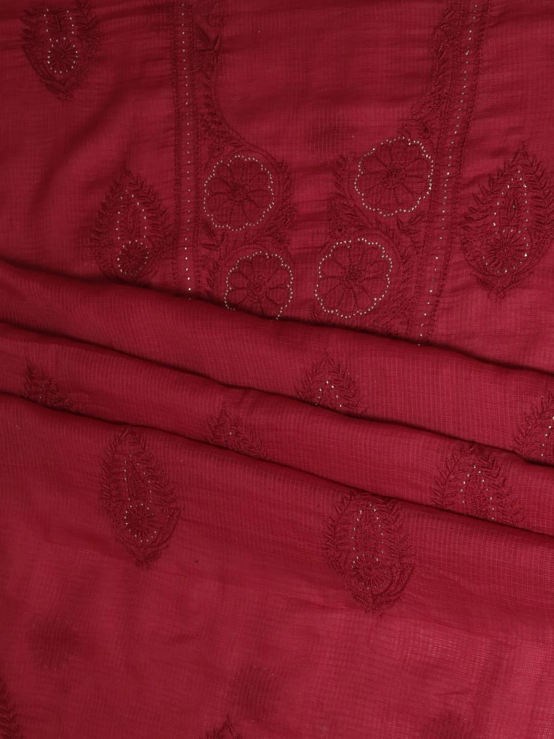 Ada Hand Embroidered Maroon Kota Lucknowi Chikankari Unstitched Kurta Dupatta Set With Muqaish Work 01A395933
