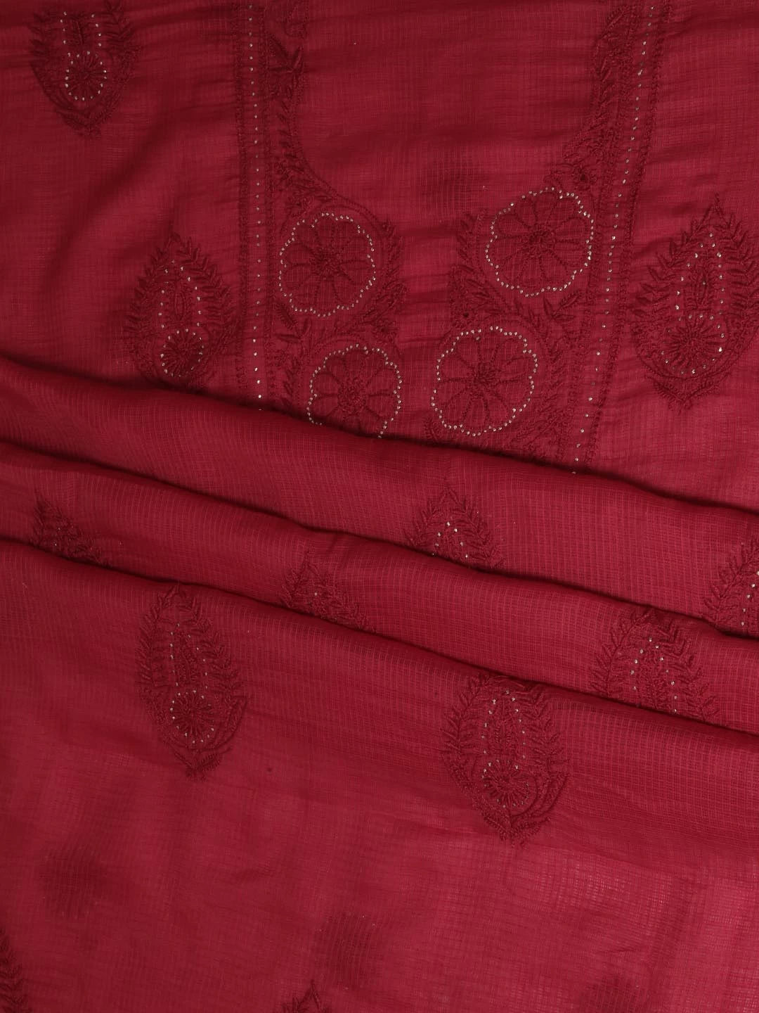 Ada Hand Embroidered Maroon Kota Lucknowi Chikankari Unstitched Kurta Dupatta Set With Muqaish Work 01A395933