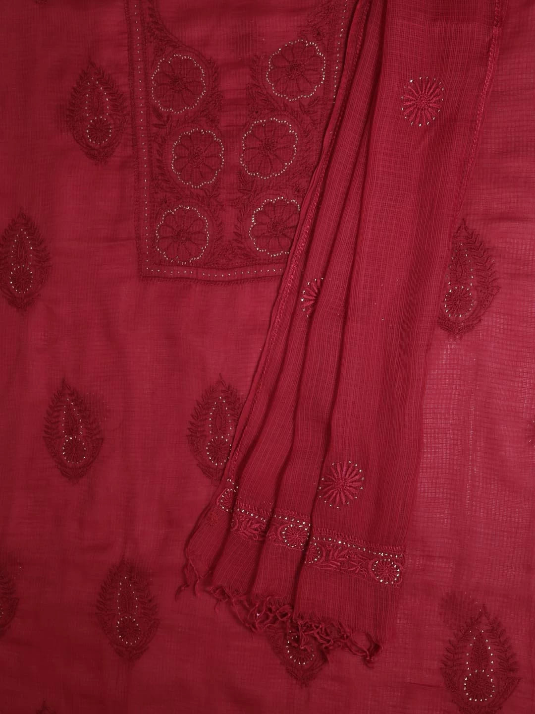 Ada Hand Embroidered Maroon Kota Lucknowi Chikankari Unstitched Kurta Dupatta Set With Muqaish Work 01A395933