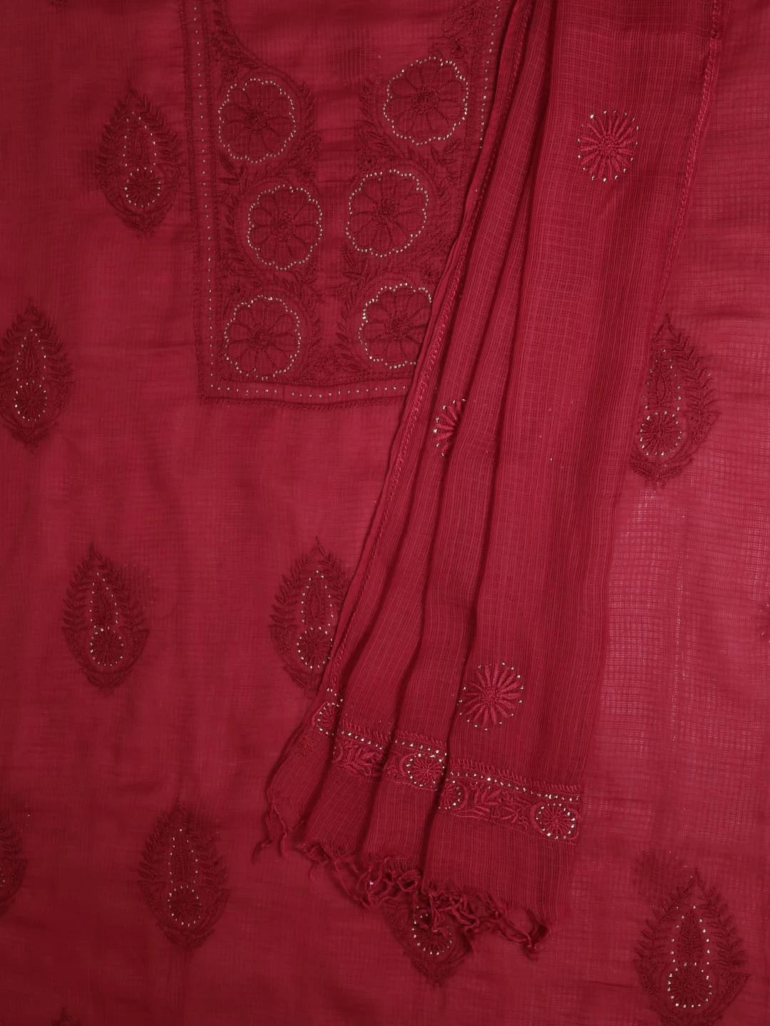 Ada Hand Embroidered Maroon Kota Lucknowi Chikankari Unstitched Kurta Dupatta Set With Muqaish Work 01A395933