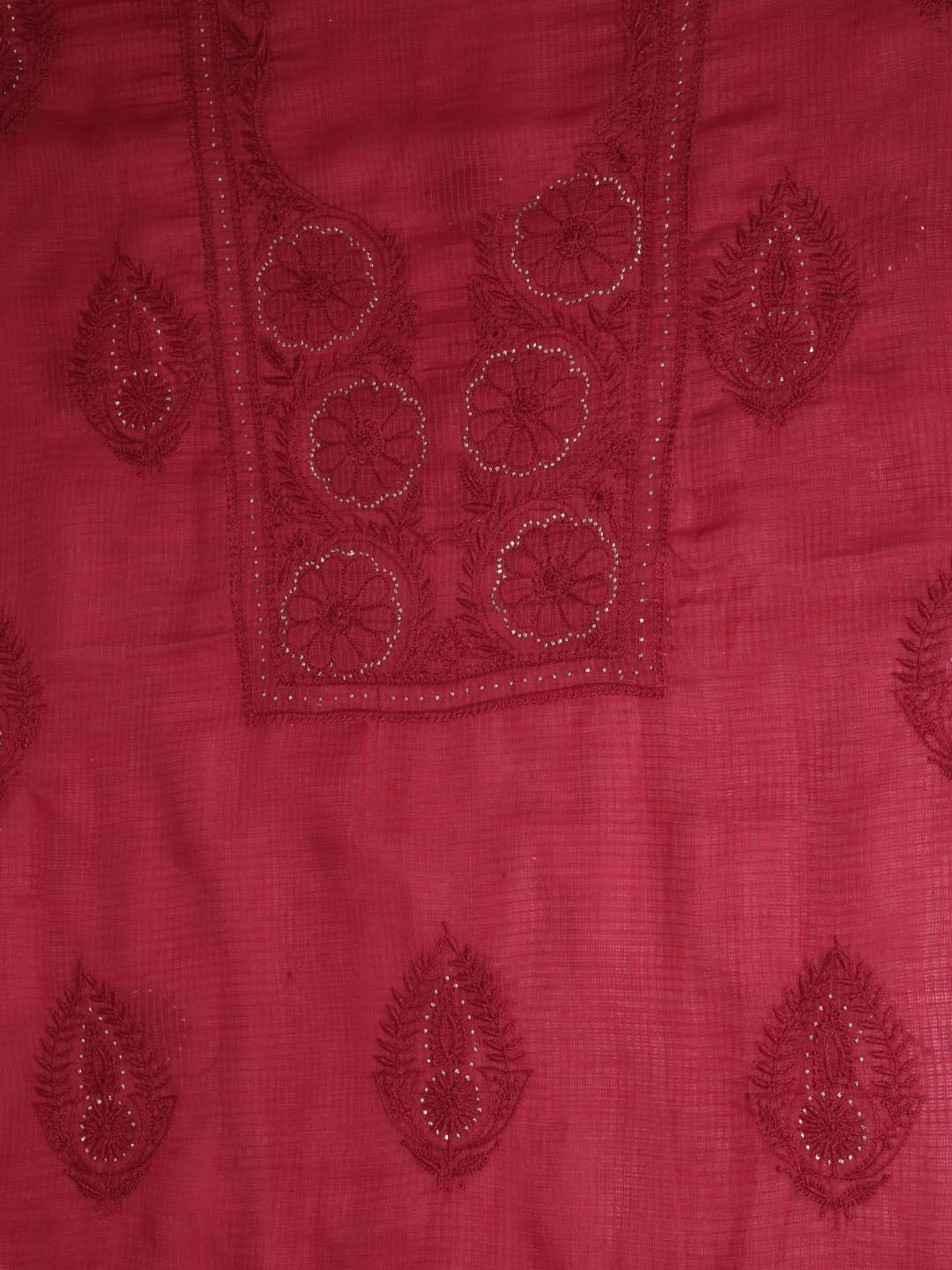 Ada Hand Embroidered Maroon Kota Lucknowi Chikankari Unstitched Kurta Dupatta Set With Muqaish Work 01A395933