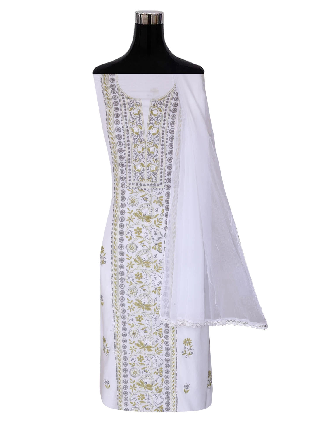 Ada Hand Embroidered White Muslin Lucknowi Chikankari Unstitched Suit Piece 01A396145