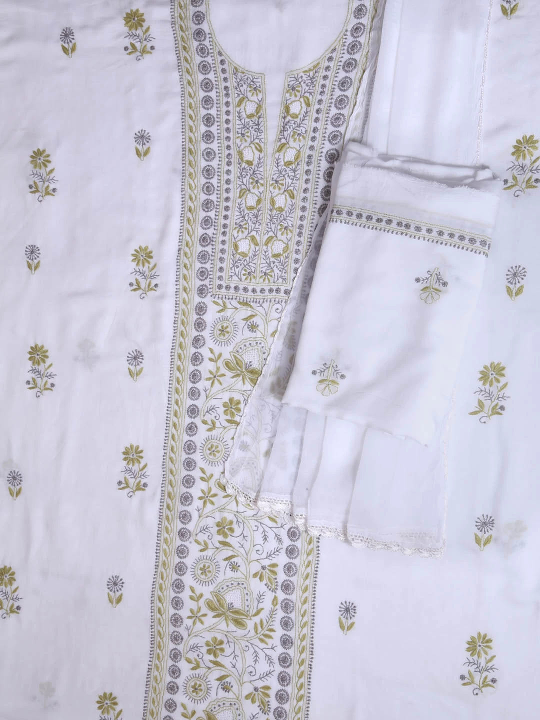 Ada Hand Embroidered White Muslin Lucknowi Chikankari Unstitched Suit Piece 01A396145