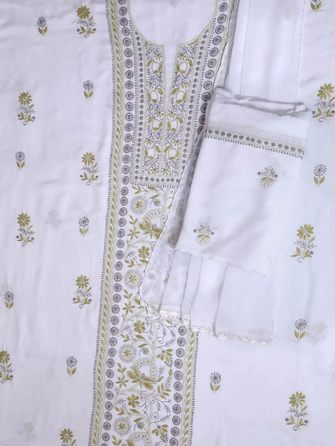 Ada Hand Embroidered White Muslin Lucknowi Chikankari Unstitched Suit Piece 01A396145