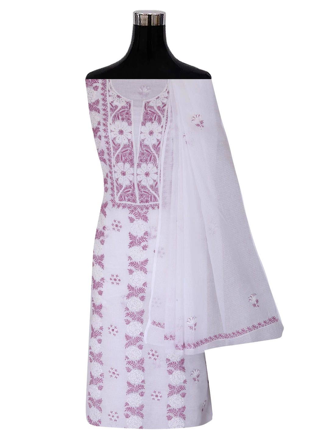 Ada Hand Embroidered White Kota Cotton Lucknowi Chikankari Unstitched Kurta Dupatta Set With Mukaish Work 01A395924