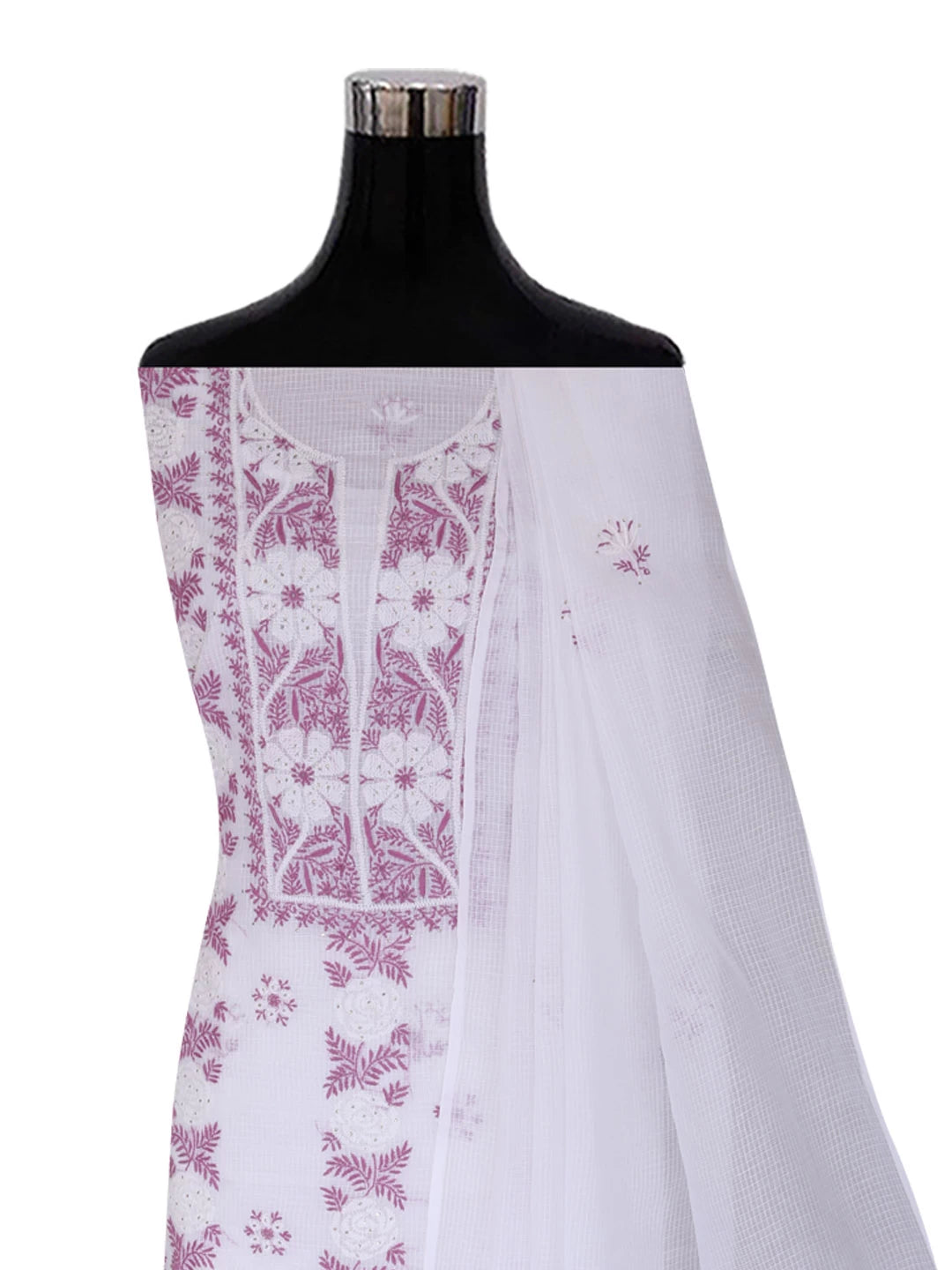 Ada Hand Embroidered White Kota Cotton Lucknowi Chikankari Unstitched Kurta Dupatta Set With Mukaish Work 01A395924