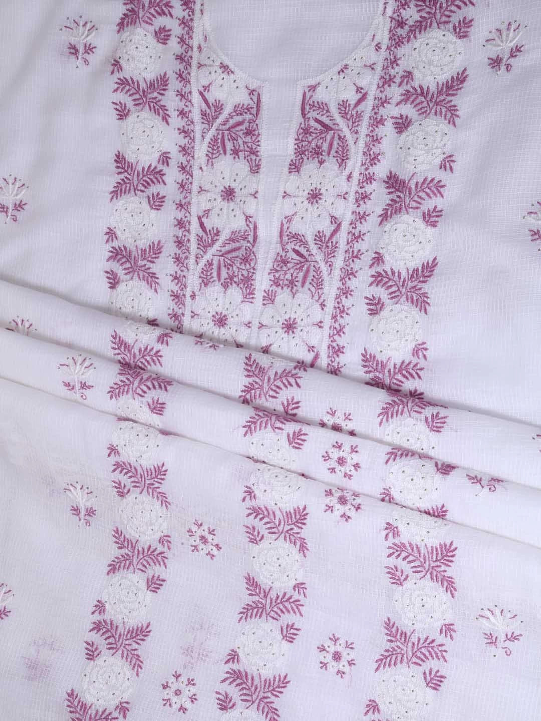 Ada Hand Embroidered White Kota Cotton Lucknowi Chikankari Unstitched Kurta Dupatta Set With Mukaish Work 01A395924