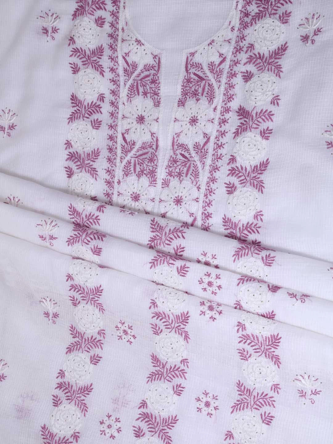 Ada Hand Embroidered White Kota Cotton Lucknowi Chikankari Unstitched Kurta Dupatta Set With Mukaish Work 01A395924