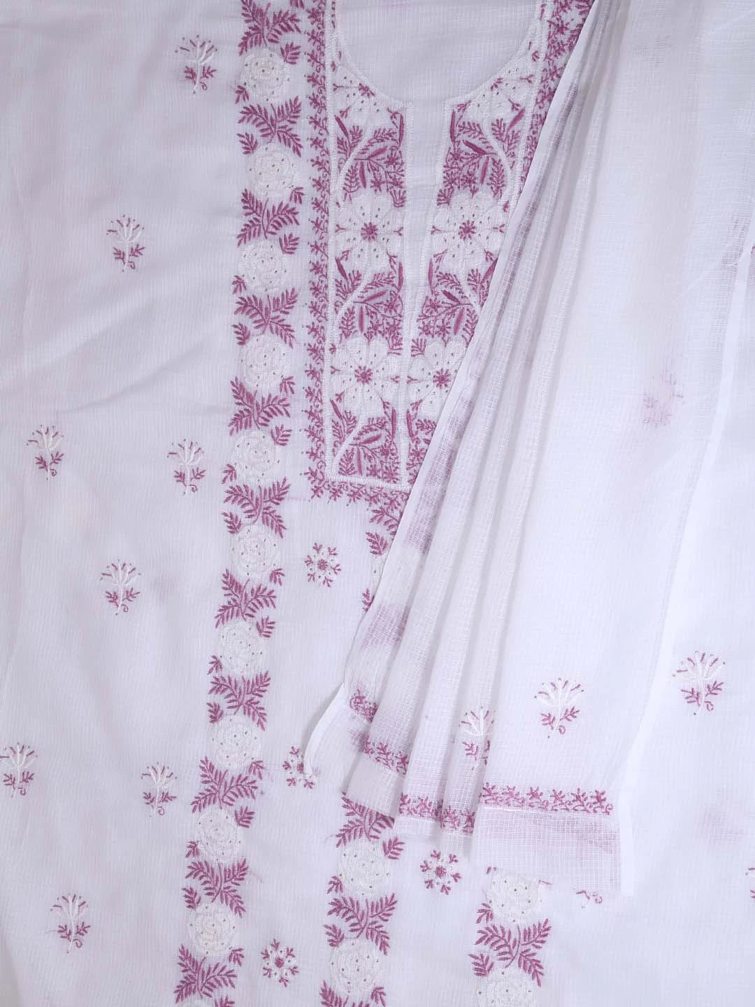 Ada Hand Embroidered White Kota Cotton Lucknowi Chikankari Unstitched Kurta Dupatta Set With Mukaish Work 01A395924