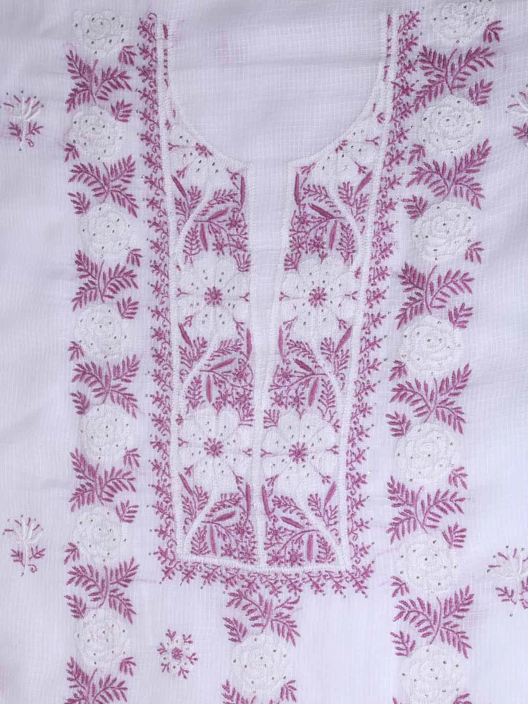 Ada Hand Embroidered White Kota Cotton Lucknowi Chikankari Unstitched Kurta Dupatta Set With Mukaish Work 01A395924