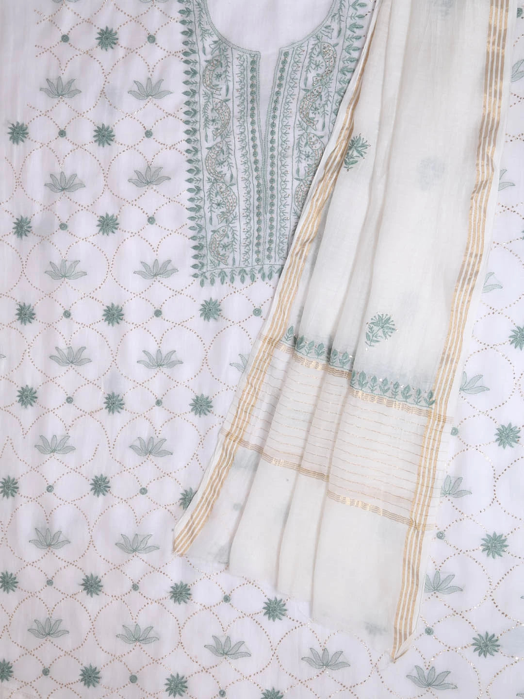 Ada Hand Embroidered White Chanderi Lucknowi Chikankari Unstitched Kurta Dupatta Set With Muqaish Work 01A396455