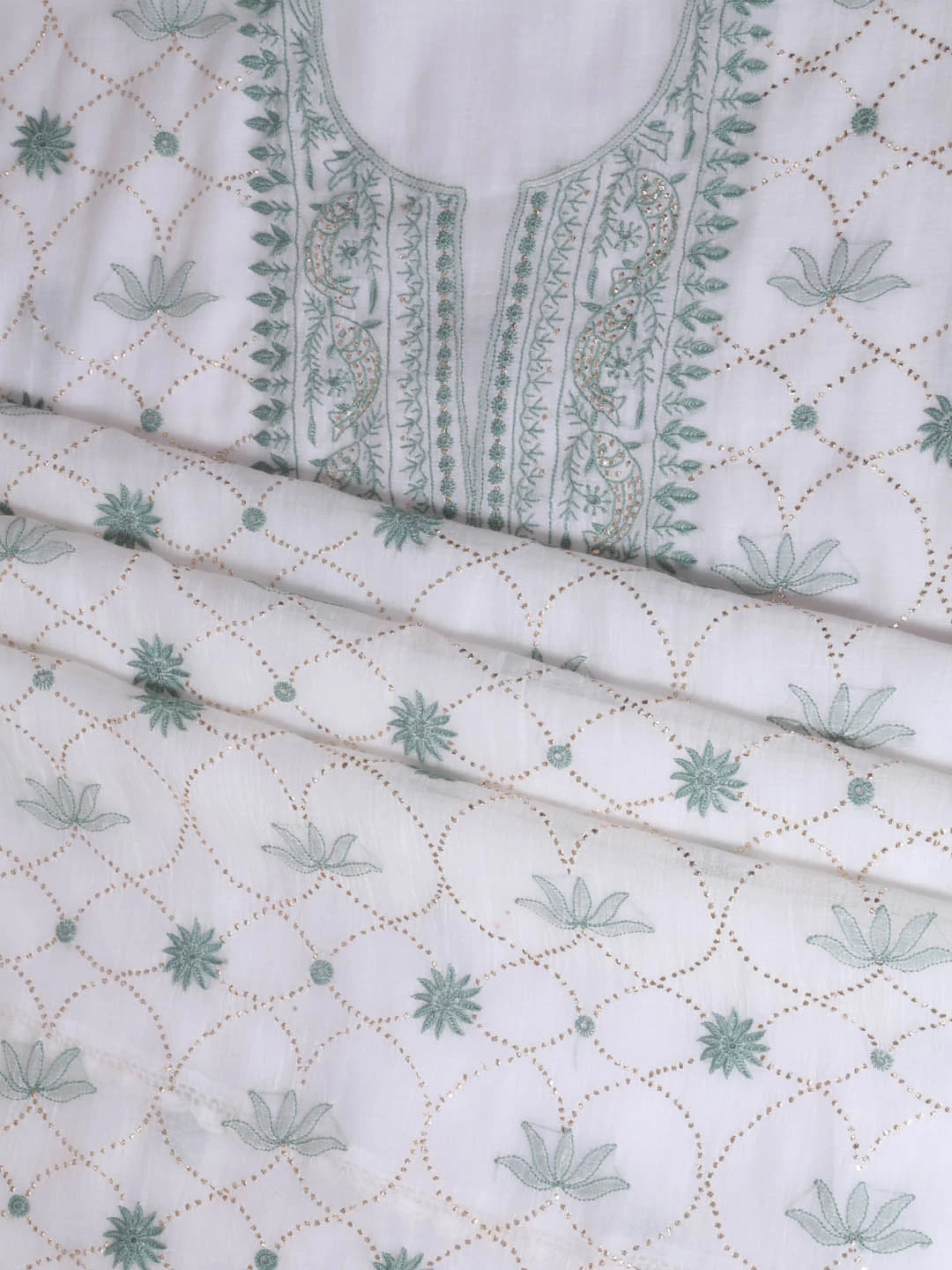 Ada Hand Embroidered White Chanderi Lucknowi Chikankari Unstitched Kurta Dupatta Set With Muqaish Work 01A396455