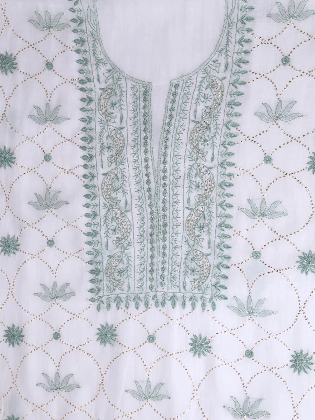 Ada Hand Embroidered White Chanderi Lucknowi Chikankari Unstitched Kurta Dupatta Set With Muqaish Work 01A396455