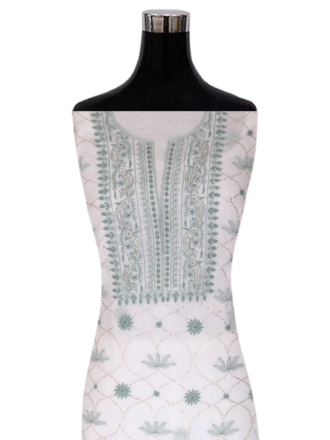 Ada Hand Embroidered White Chanderi Lucknowi Chikankari Unstitched Kurta Dupatta Set With Muqaish Work 01A396455