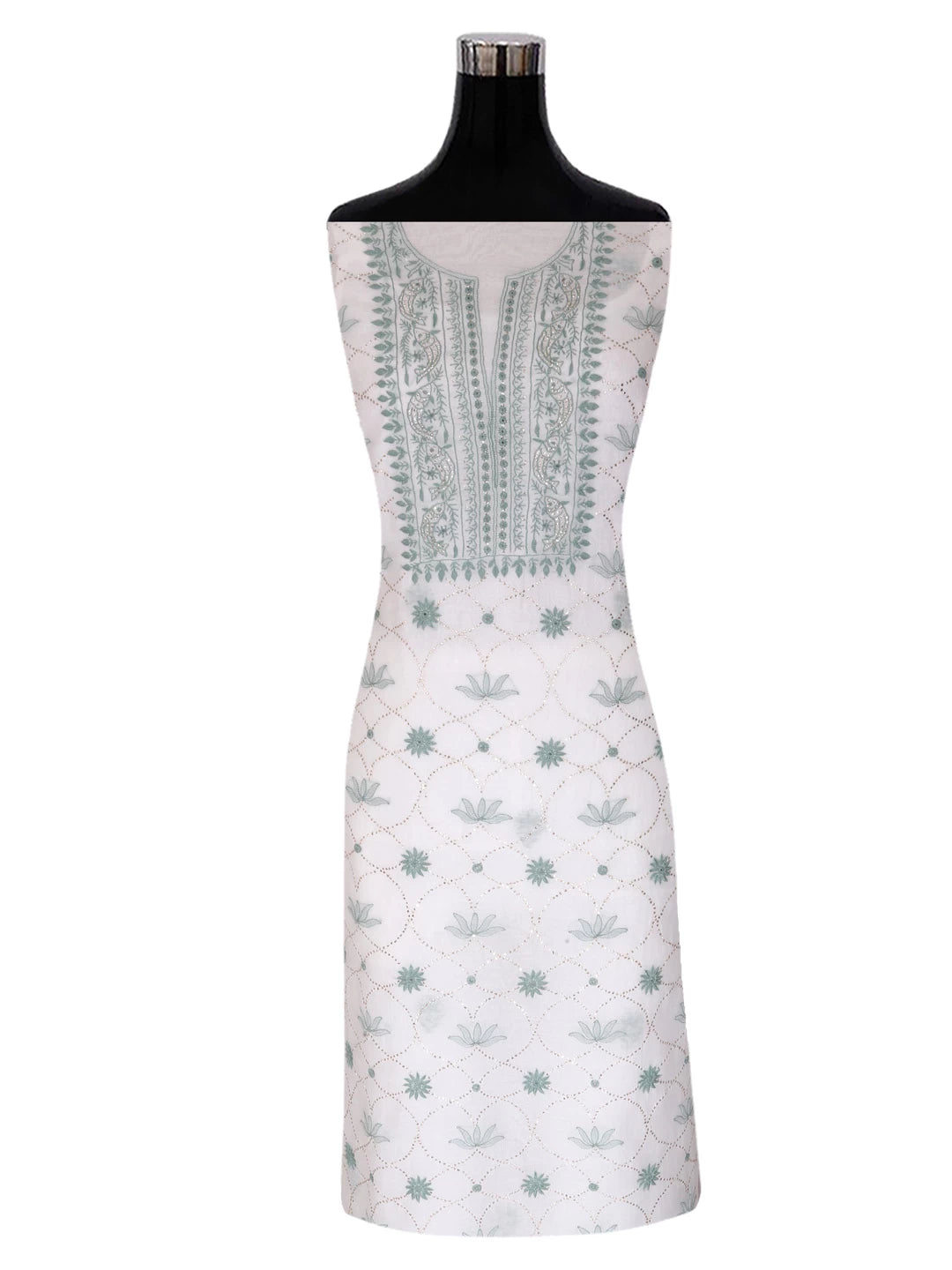 Ada Hand Embroidered White Chanderi Lucknowi Chikankari Unstitched Kurta Dupatta Set With Muqaish Work 01A396455