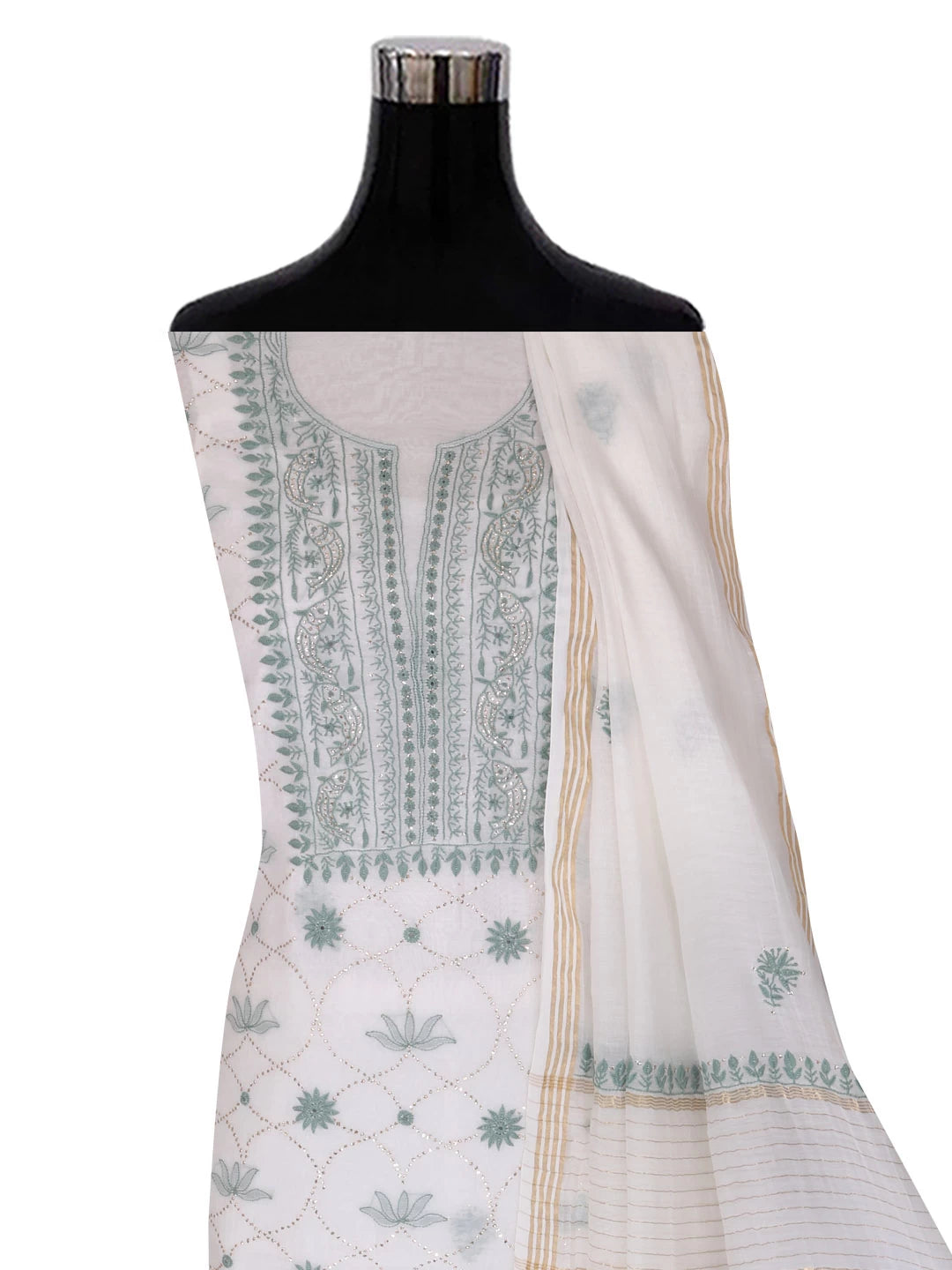 Ada Hand Embroidered White Chanderi Lucknowi Chikankari Unstitched Kurta Dupatta Set With Muqaish Work 01A396455