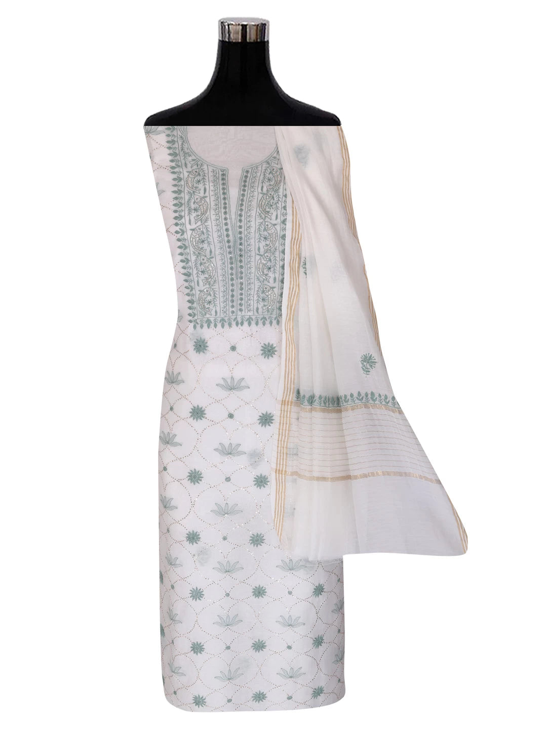 Ada Hand Embroidered White Chanderi Lucknowi Chikankari Unstitched Kurta Dupatta Set With Muqaish Work 01A396455