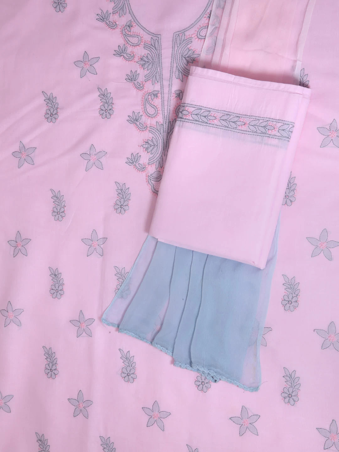 Ada Hand Embroidered Blush Pink Cotton Lucknowi Chikankari Unstitched Suit Piece 01A393605