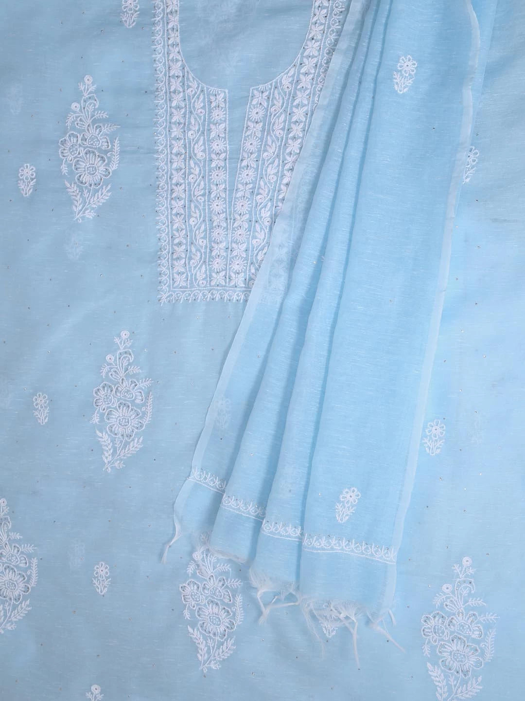 Ada Hand Embroidered Sky Blue Chanderi Lucknowi Chikankari Unstitched Kurta Dupatta Set With Muqaish Work 01A392568