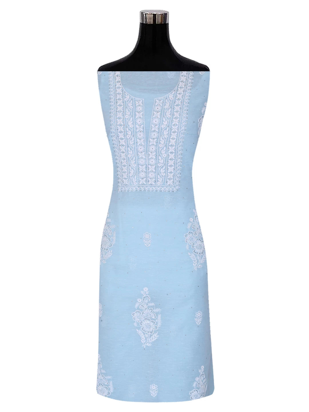 Ada Hand Embroidered Sky Blue Chanderi Lucknowi Chikankari Unstitched Kurta Dupatta Set With Muqaish Work 01A392568