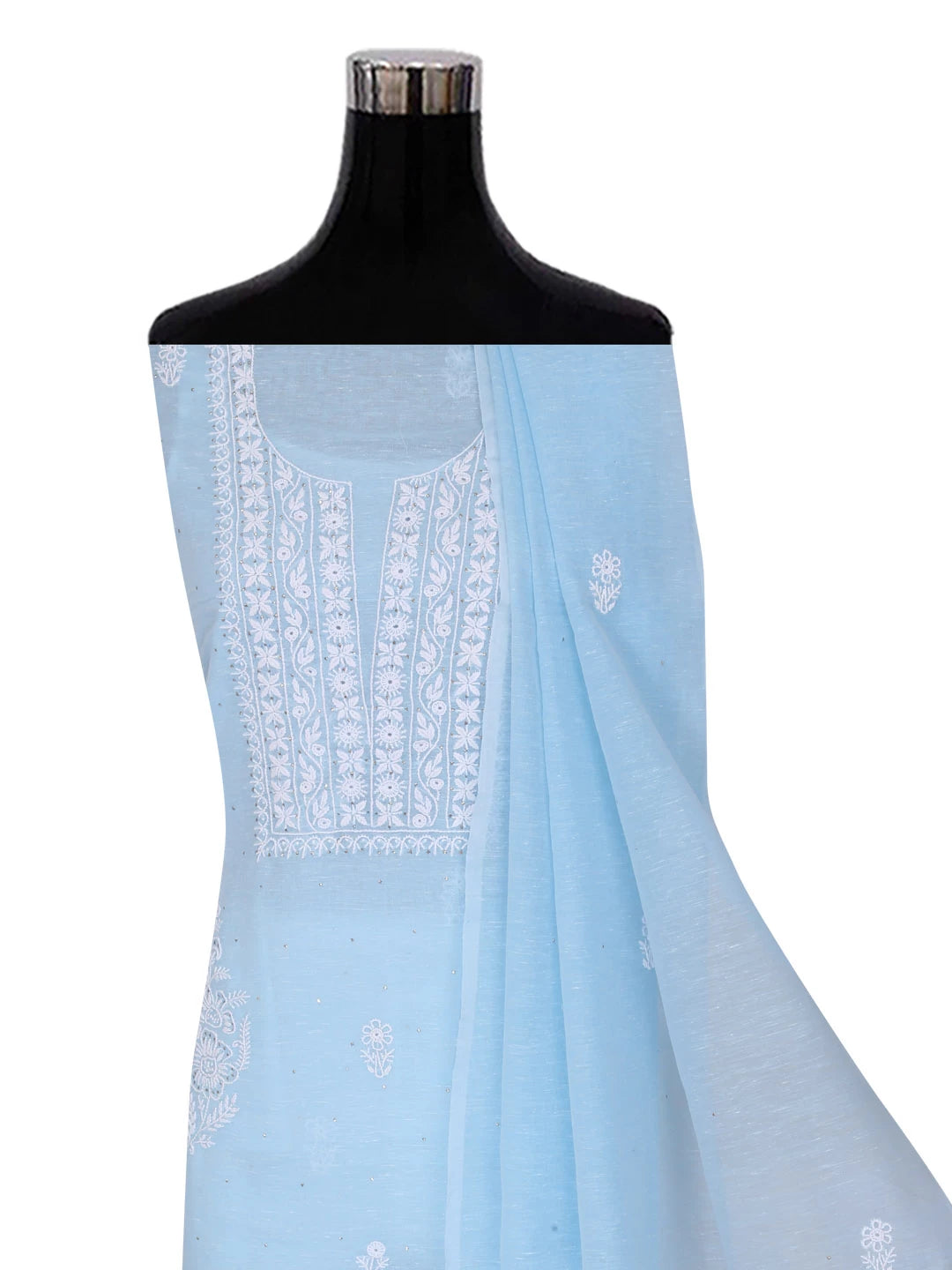 Ada Hand Embroidered Sky Blue Chanderi Lucknowi Chikankari Unstitched Kurta Dupatta Set With Muqaish Work 01A392568
