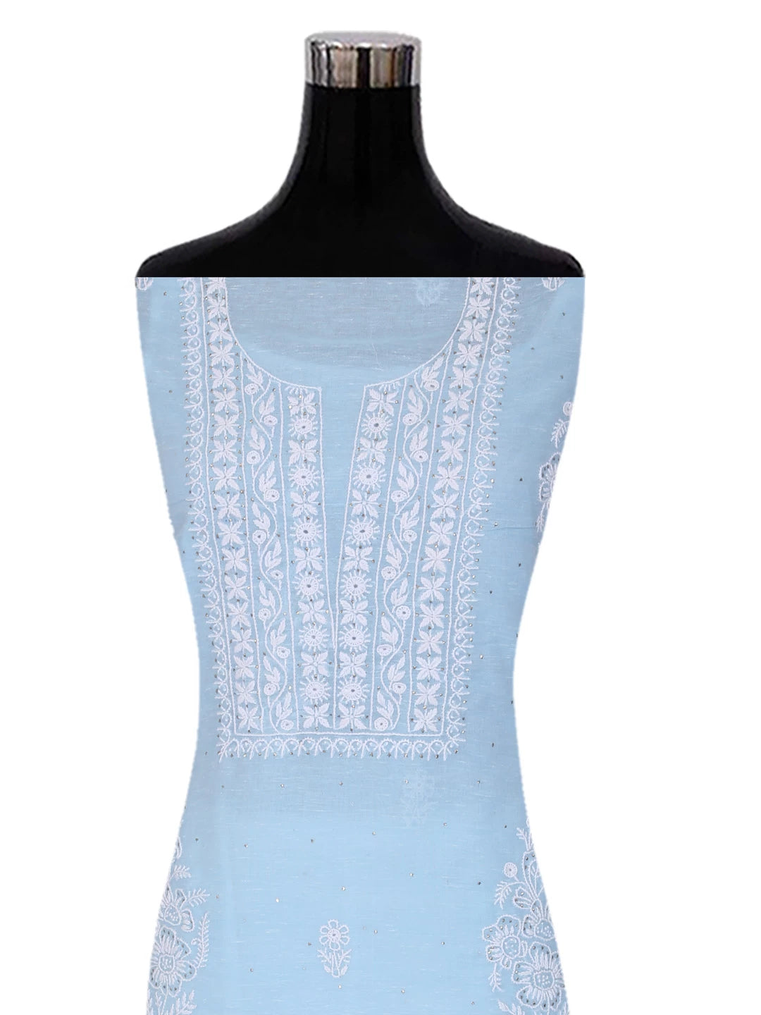 Ada Hand Embroidered Sky Blue Chanderi Lucknowi Chikankari Unstitched Kurta Dupatta Set With Muqaish Work 01A392568