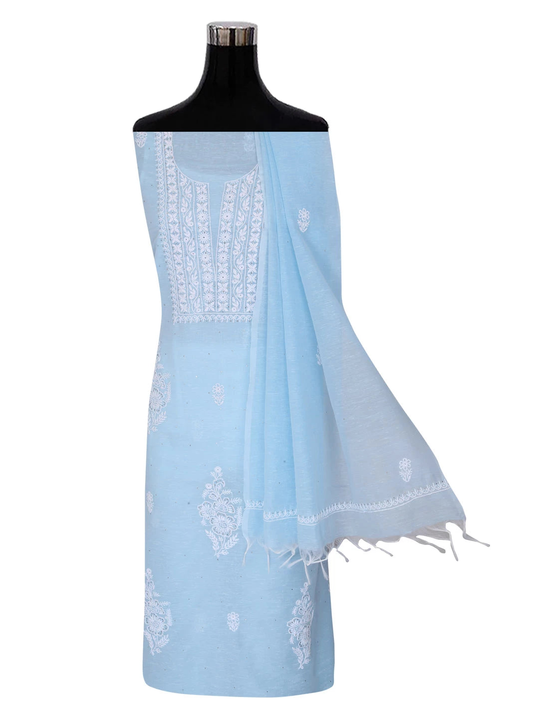 Ada Hand Embroidered Sky Blue Chanderi Lucknowi Chikankari Unstitched Kurta Dupatta Set With Muqaish Work 01A392568