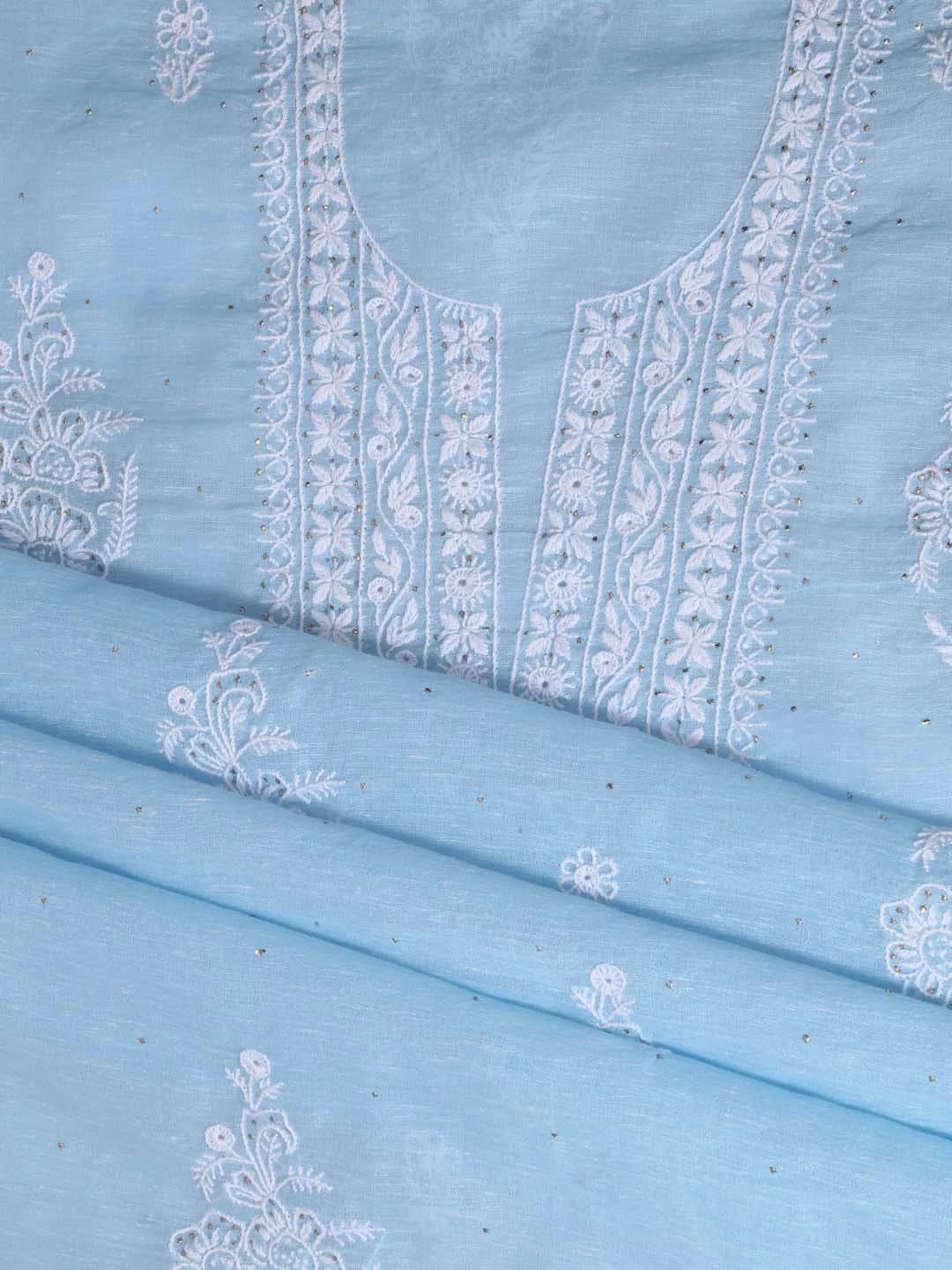 Ada Hand Embroidered Sky Blue Chanderi Lucknowi Chikankari Unstitched Kurta Dupatta Set With Muqaish Work 01A392568