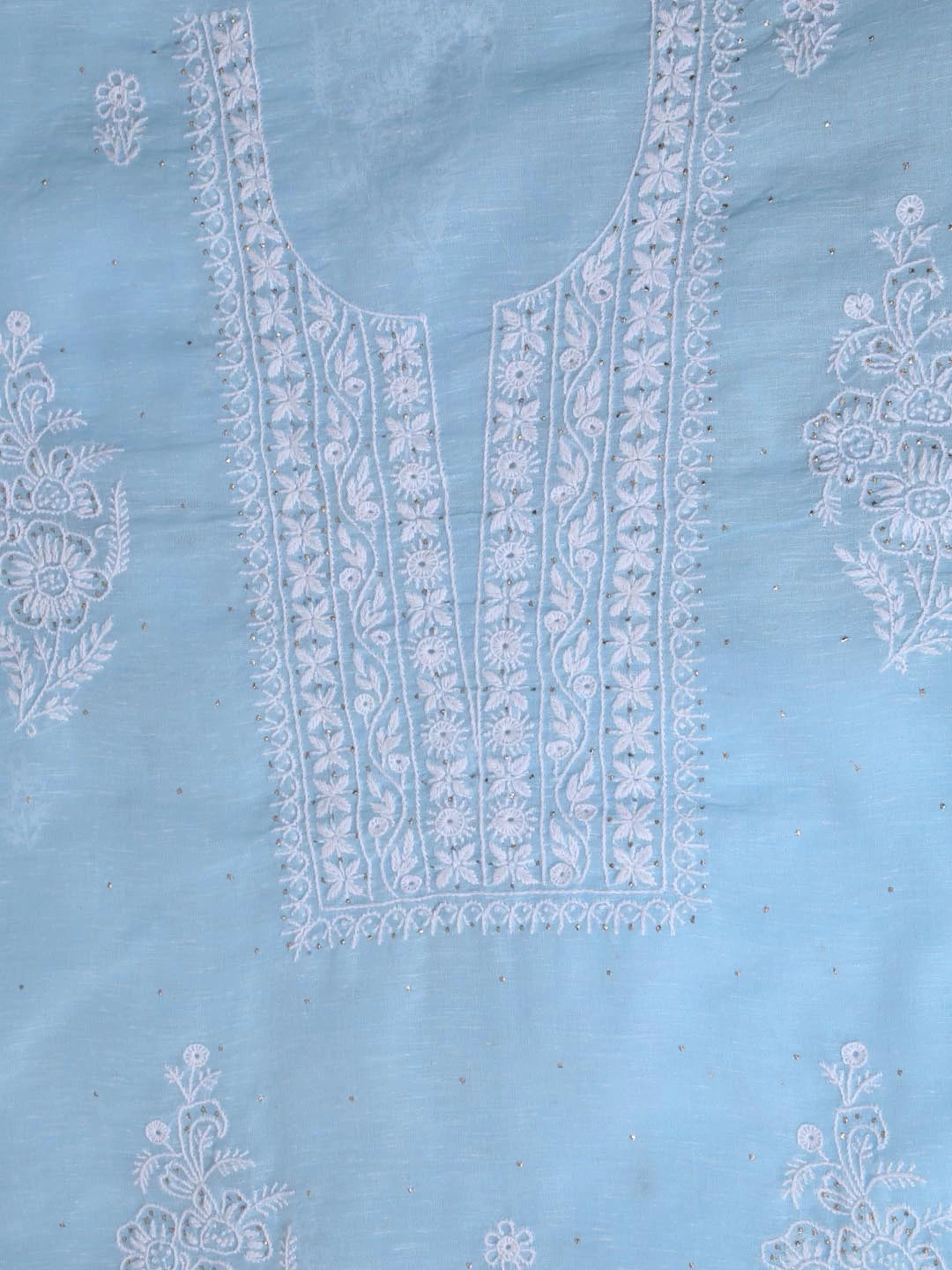 Ada Hand Embroidered Sky Blue Chanderi Lucknowi Chikankari Unstitched Kurta Dupatta Set With Muqaish Work 01A392568