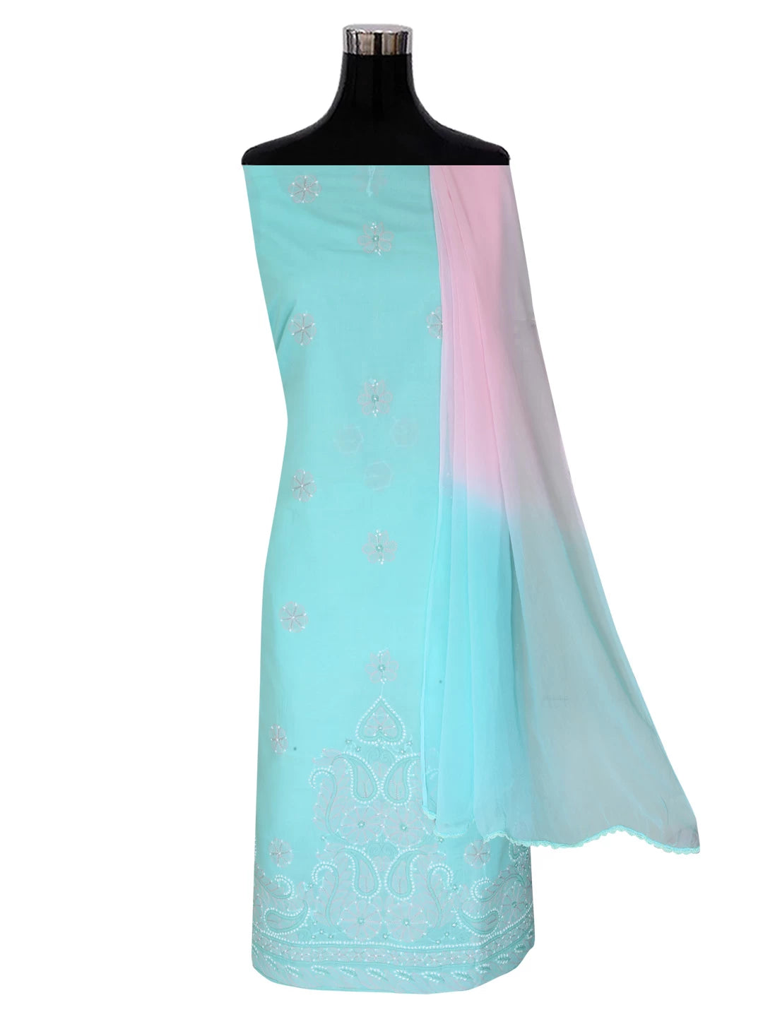 Ada Hand Embroidered Sea Green Cotton Lucknowi Chikankari Unstitched Suit Piece 01A393600