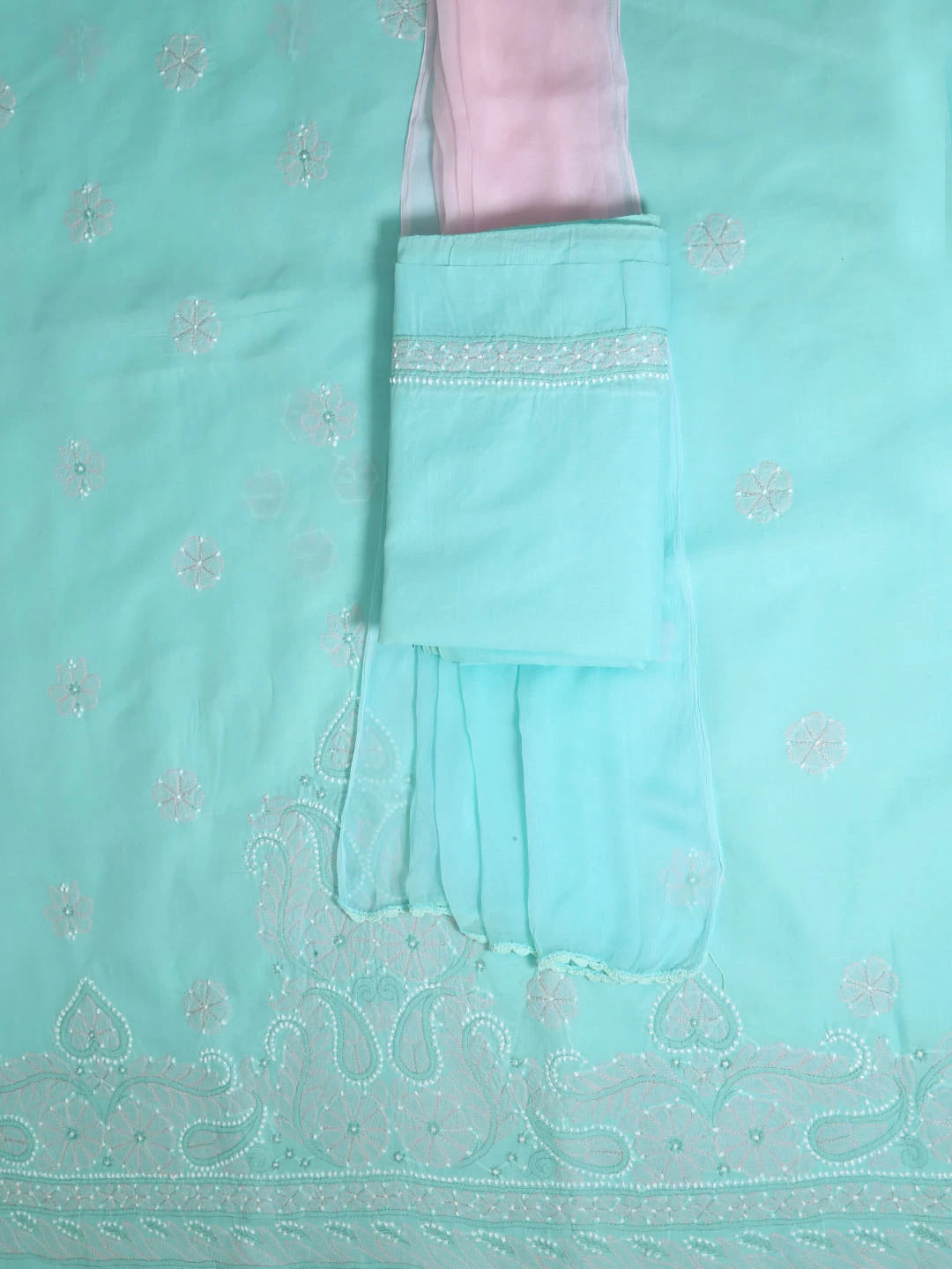 Ada Hand Embroidered Sea Green Cotton Lucknowi Chikankari Unstitched Suit Piece 01A393600