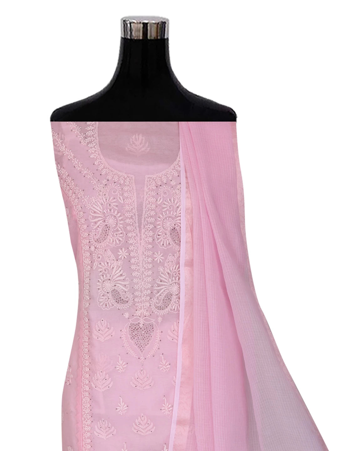 Ada Hand Embroidered Pink Super Net Lucknowi Chikankari Semi-Stitched Kurta Dupatta Set 01A244484