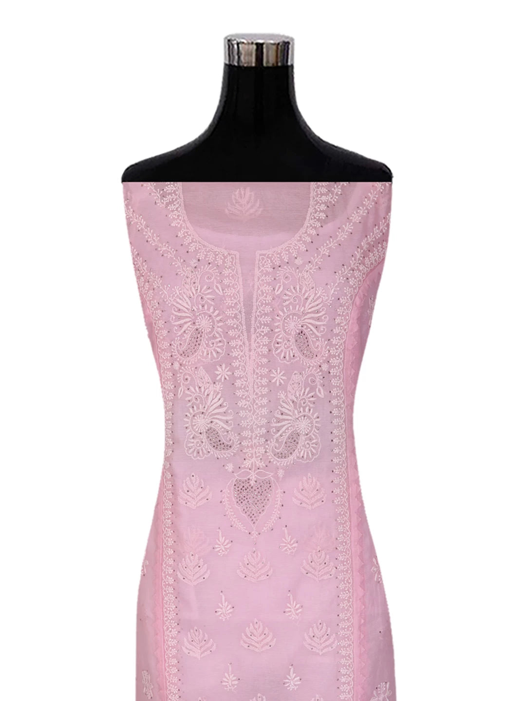 Ada Hand Embroidered Pink Super Net Lucknowi Chikankari Semi-Stitched Kurta Dupatta Set 01A244484
