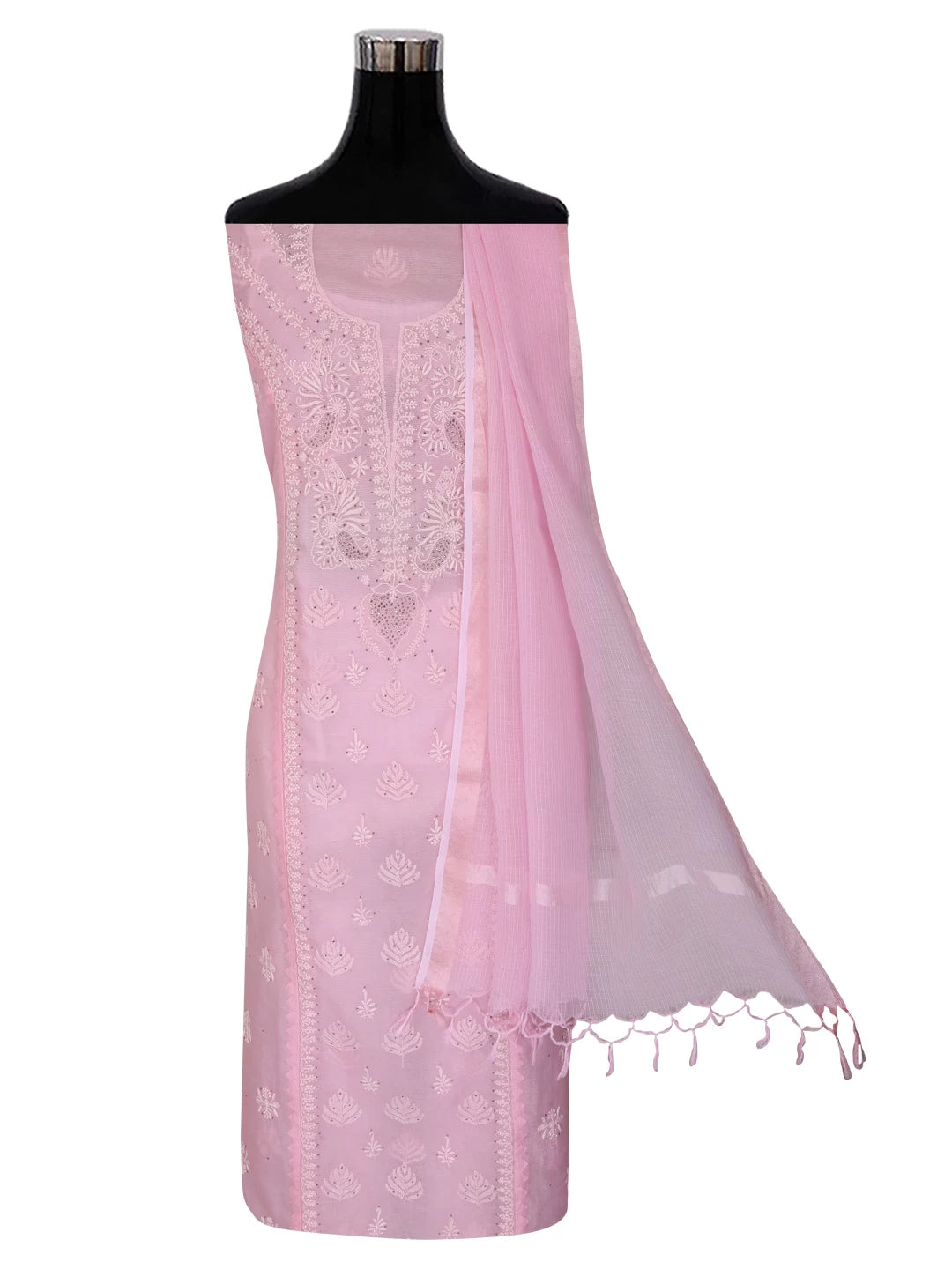 Ada Hand Embroidered Pink Super Net Lucknowi Chikankari Semi-Stitched Kurta Dupatta Set 01A244484