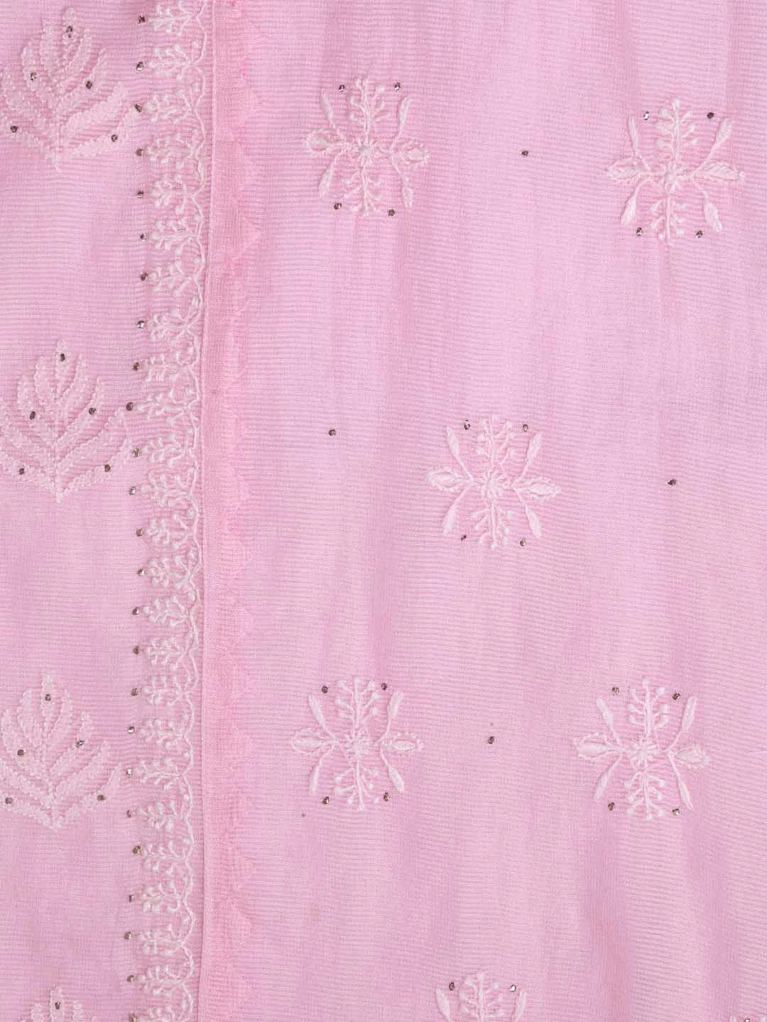 Ada Hand Embroidered Pink Super Net Lucknowi Chikankari Semi-Stitched Kurta Dupatta Set 01A244484