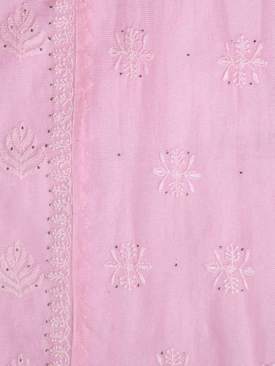 Ada Hand Embroidered Pink Super Net Lucknowi Chikankari Semi-Stitched Kurta Dupatta Set 01A244484