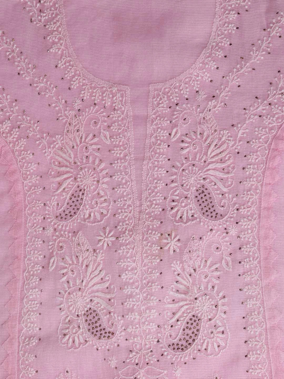 Ada Hand Embroidered Pink Super Net Lucknowi Chikankari Semi-Stitched Kurta Dupatta Set 01A244484