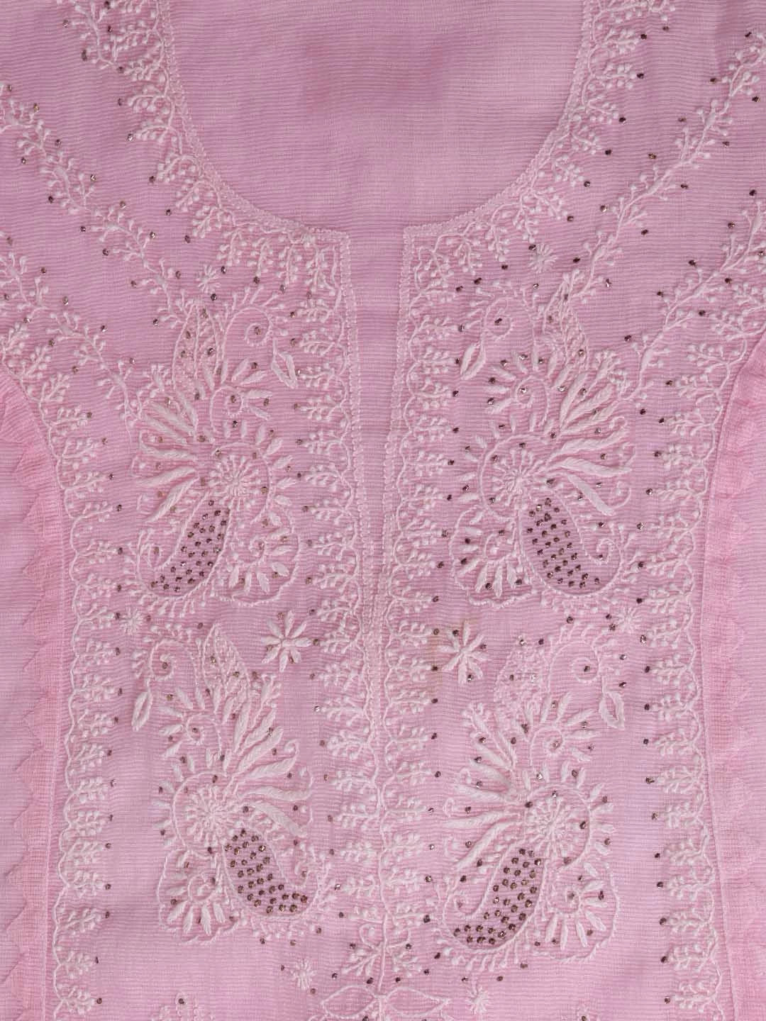 Ada Hand Embroidered Pink Super Net Lucknowi Chikankari Semi-Stitched Kurta Dupatta Set 01A244484