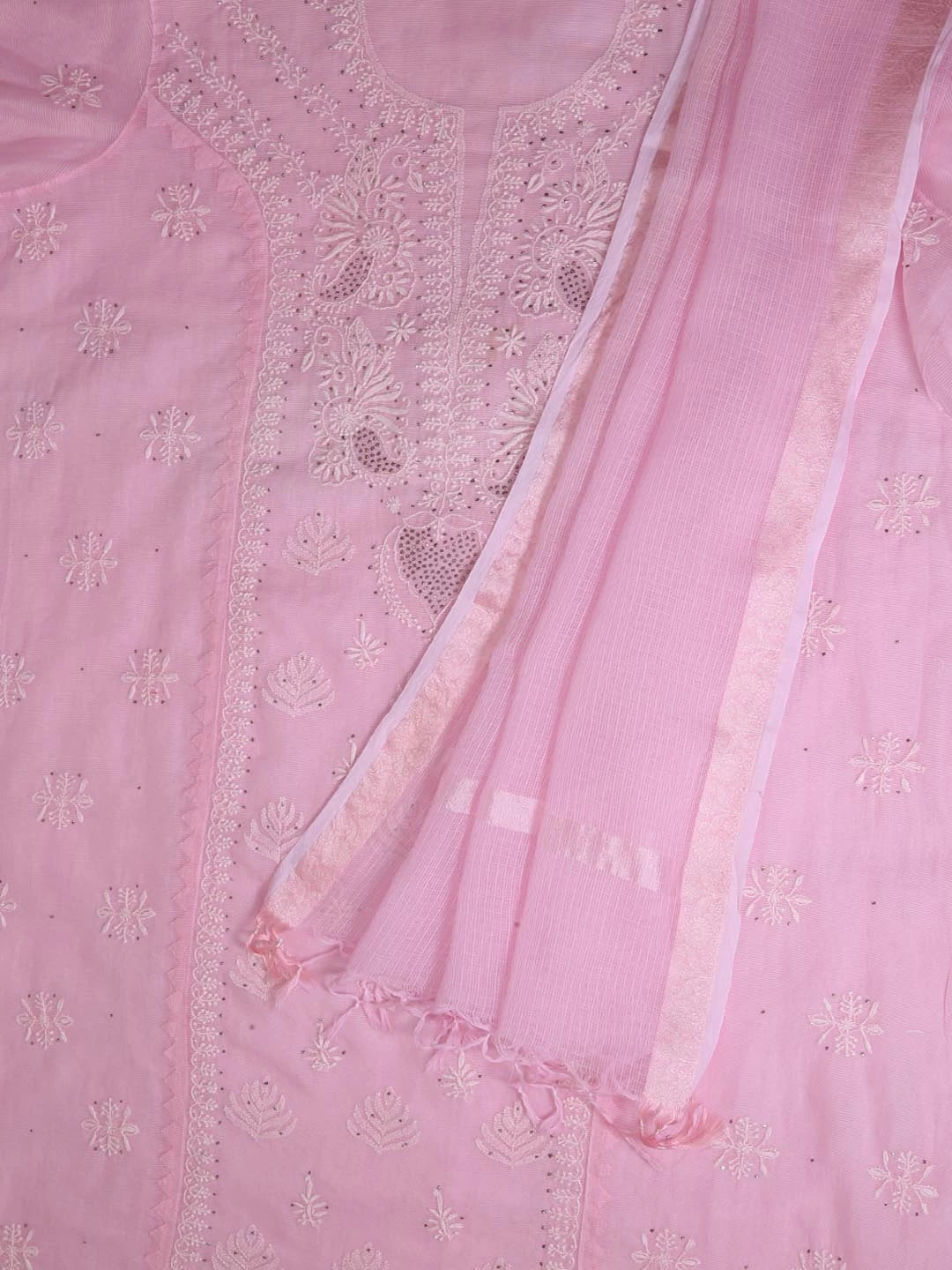 Ada Hand Embroidered Pink Super Net Lucknowi Chikankari Semi-Stitched Kurta Dupatta Set 01A244484