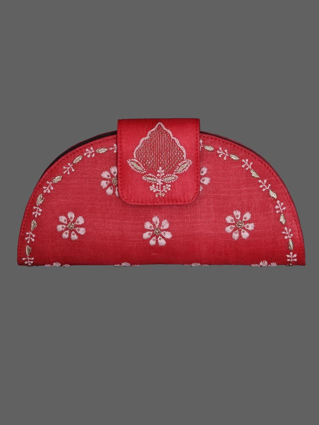 Ada Hand Embroidered Blood Red Silk Lucknowi Chikankari Clutch Box With Zari Work 01A381889