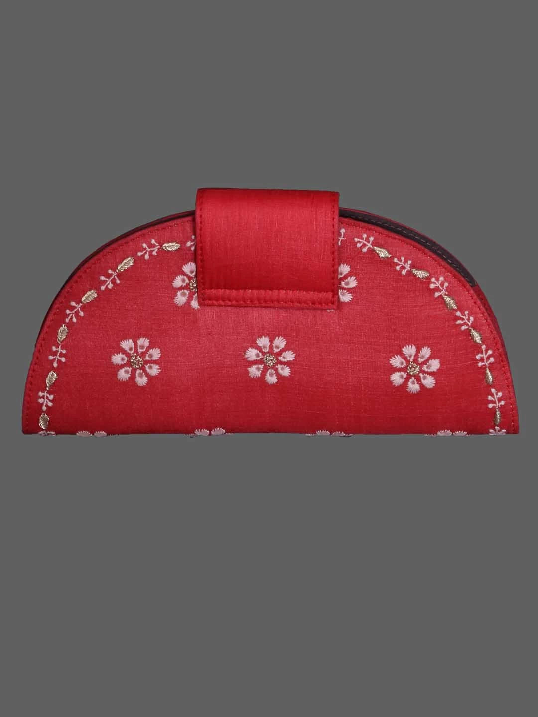 Ada Hand Embroidered Blood Red Silk Lucknowi Chikankari Clutch Box With Zari Work 01A381889