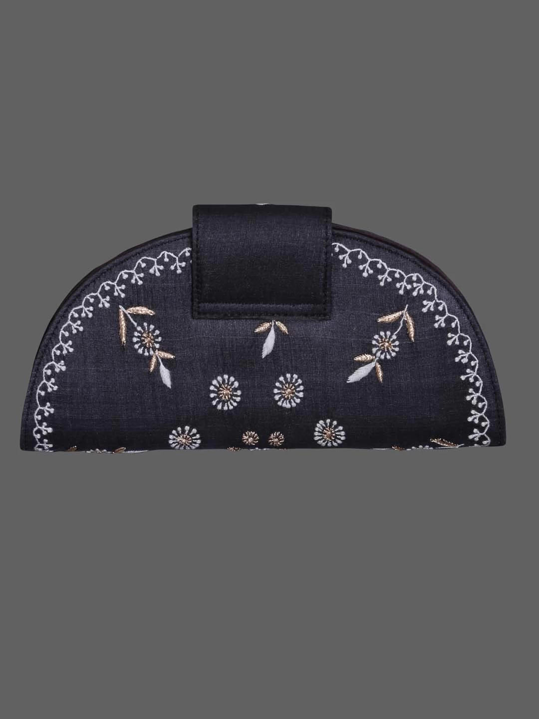Ada Hand Embroidered Zed Black Silk Lucknowi Chikankari Clutch With Zari Work 01A398280