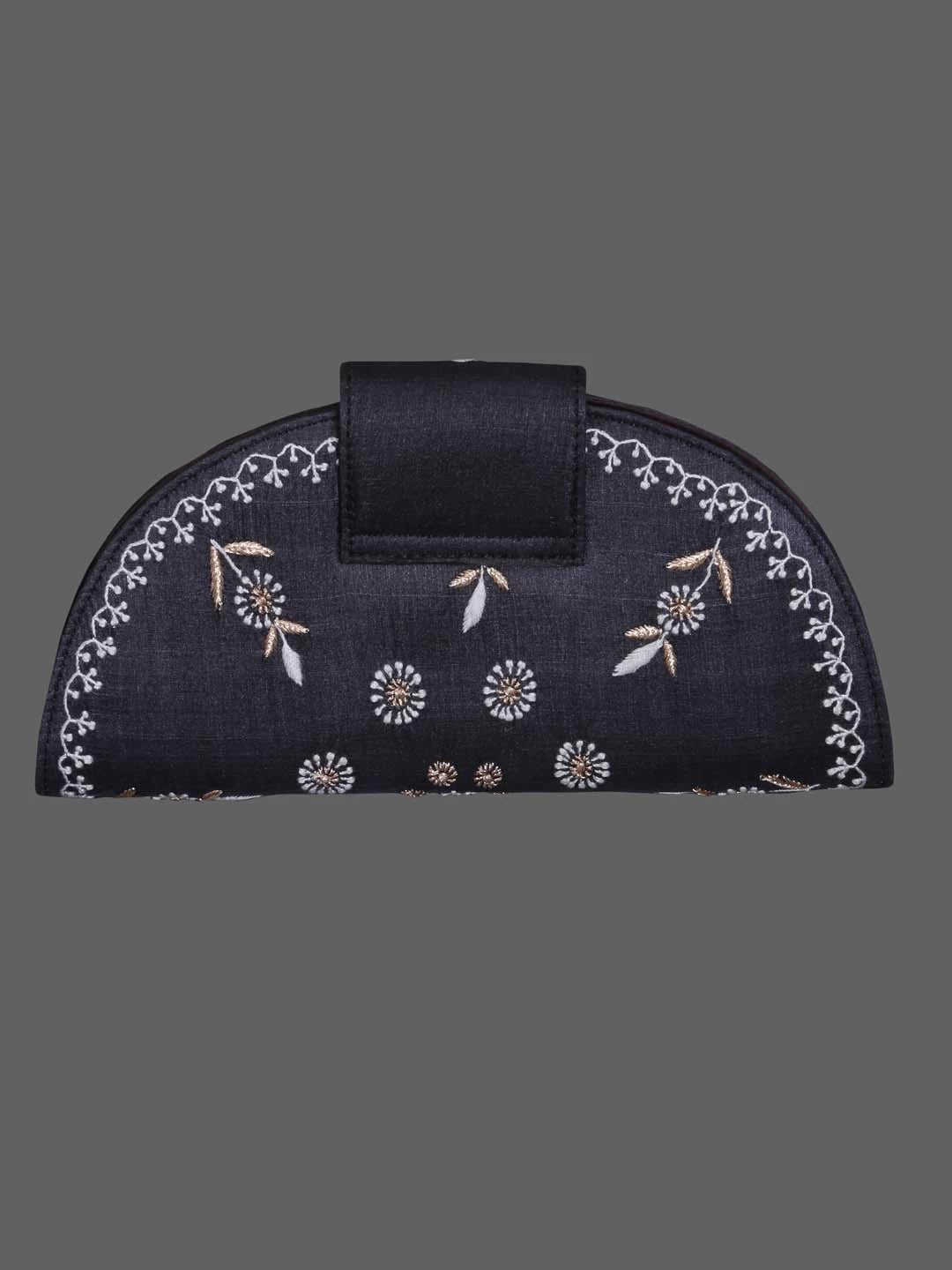 Ada Hand Embroidered Zed Black Silk Lucknowi Chikankari Clutch With Zari Work 01A398280
