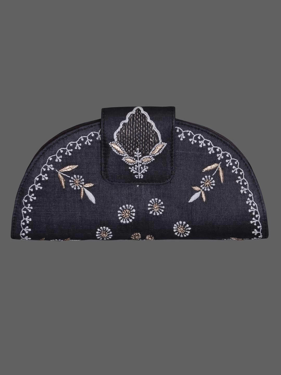 Ada Hand Embroidered Zed Black Silk Lucknowi Chikankari Clutch With Zari Work 01A398280
