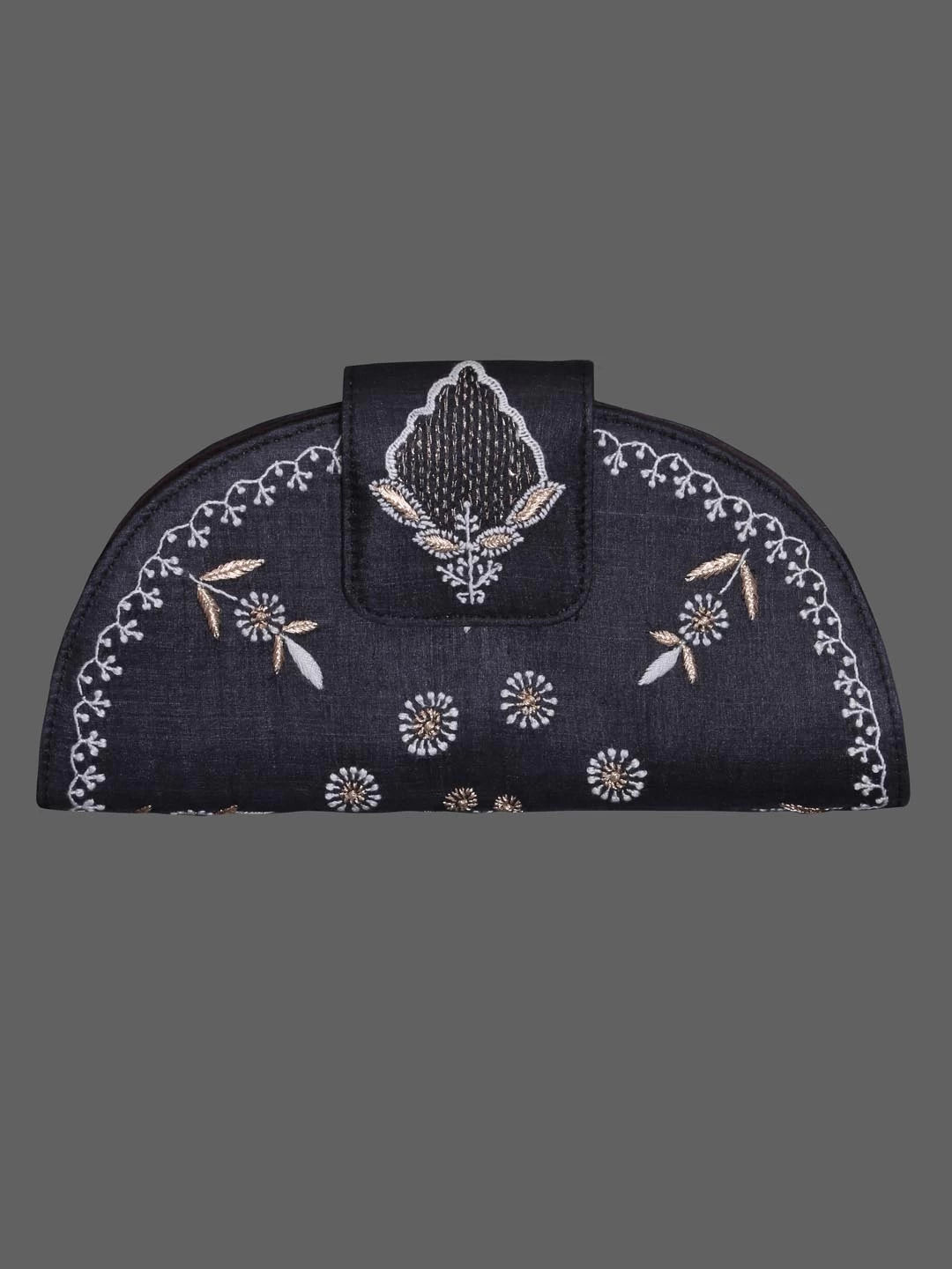 Ada Hand Embroidered Zed Black Silk Lucknowi Chikankari Clutch With Zari Work 01A398280
