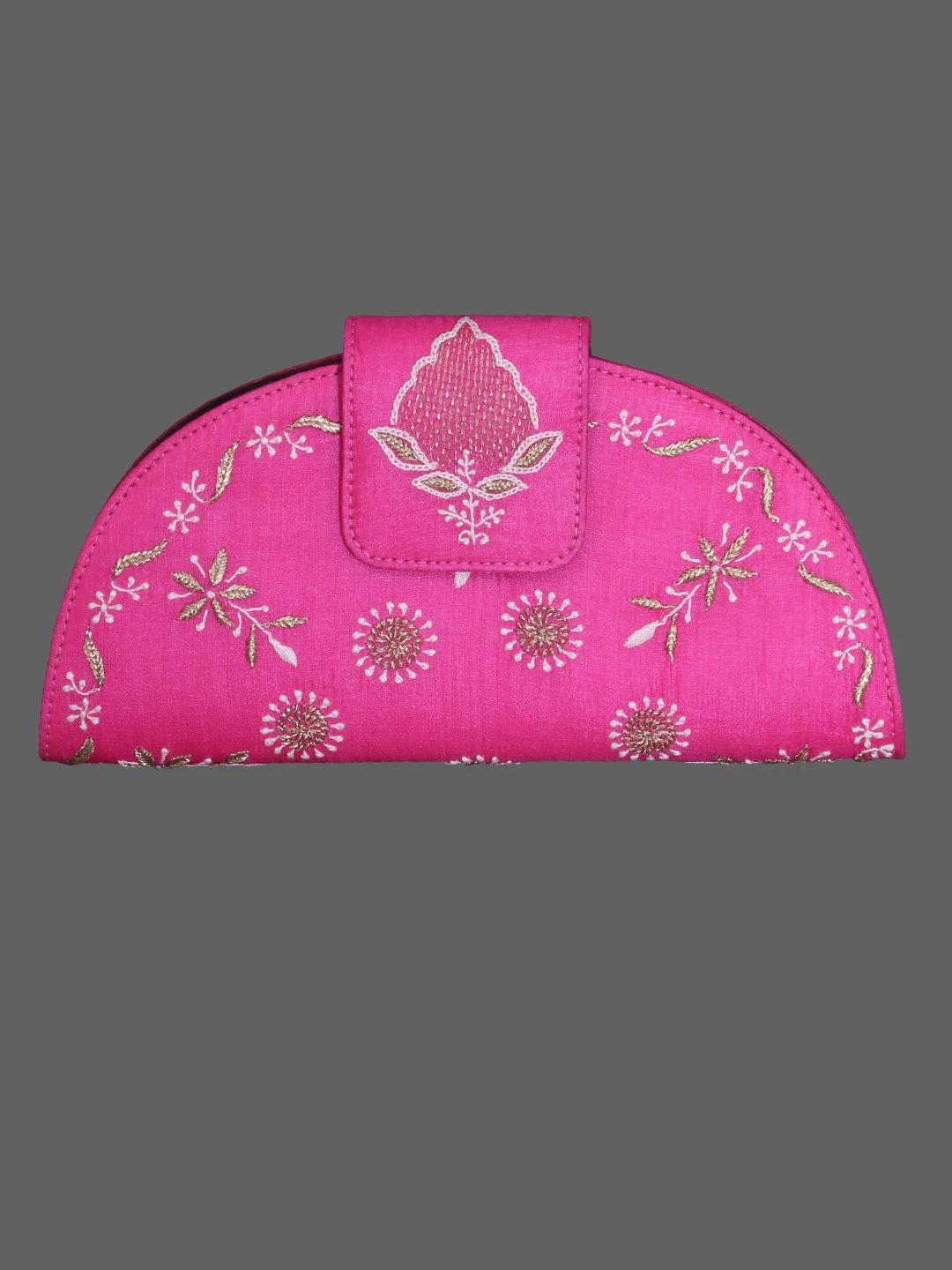 Ada Hand Embroidered Magenta Silk Lucknowi Chikankari Clutch With Zari Work 01A398298
