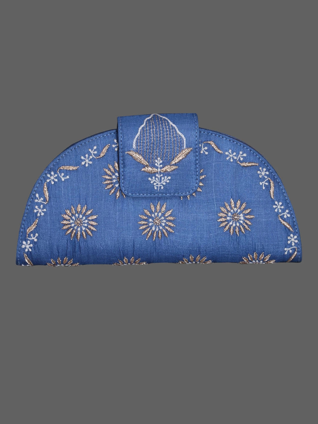 Ada Hand Embroidered Peacock Blue Silk Lucknowi Chikankari Clutch Box With Zari Work 01A398284