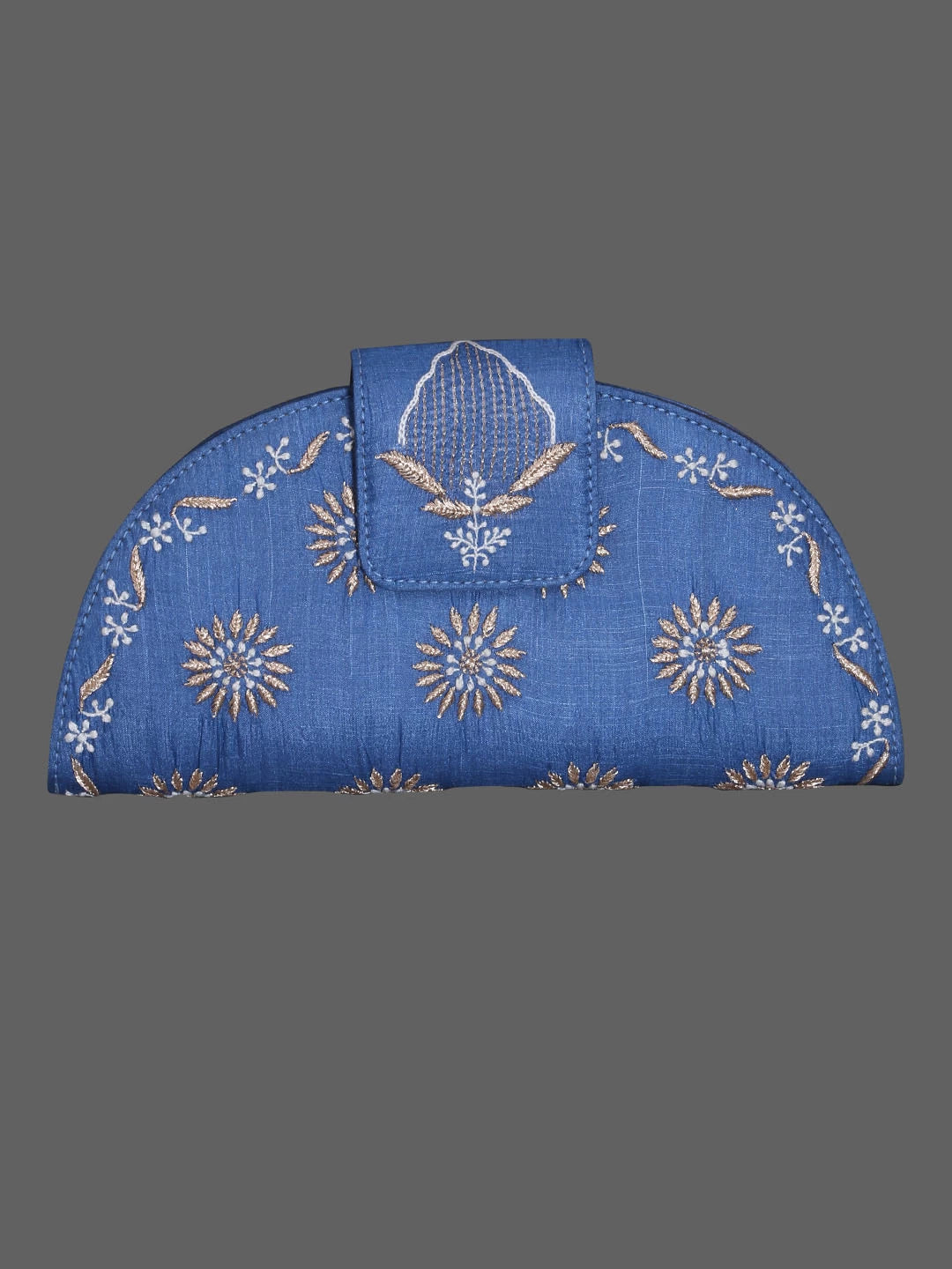 Ada Hand Embroidered Peacock Blue Silk Lucknowi Chikankari Clutch Box With Zari Work 01A398284